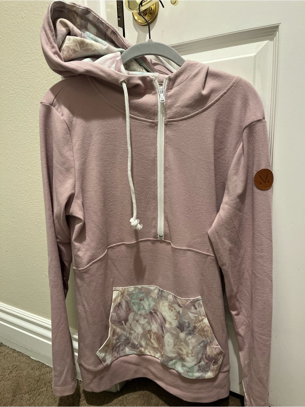 Michelle Mae Blush Pink Half-Zip Hoodie with Floral Pocket